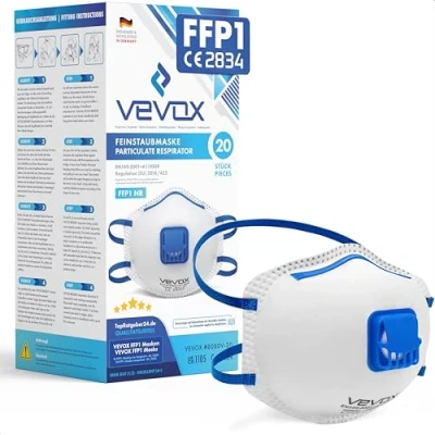 Abbildung von VEVOX® FFP1 Maske mit Ventil 5er, 10er oder 20er Set Staubmaske Atemschutzmaske Staubschutzmaske Feinstaubmaske Atemschutz z.B. gegen Feinstaub, Schleifstaub Baustaub