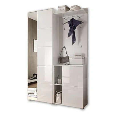 Abbildung von Stella Trading SPICE Flurgarderoben Set in Hochglanz Weiß Stylishe Kompaktgarderobe mit Spiegel für Ihren Eingangsbereich 120 x 198 40 cm (B/H/T)