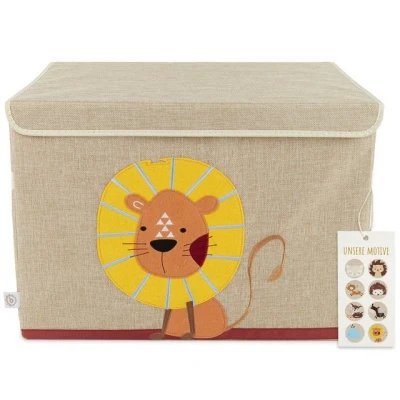 Abbildung von Bieco Spielzeugtruhe Aufbewahrungsbox mit Deckel 65L faltbar ca. 36x36x51cm Spielzeugkiste Kinder Kisten Groß Wickeltisch Organizer Löwen Motiv