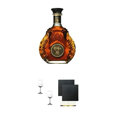 Abbildung von Polignac Cognac XO ROYAL Frankreich 1,0 Liter MAGNUM + Nosing Gläser Kelchglas Bugatti mit Eichstrich 2cl und 4cl 2 Stück Schiefer Glasuntersetzer eckig ca. 9,5 cm Ø