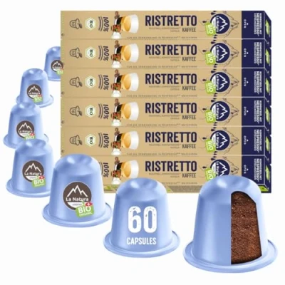 Abbildung von La Natura Lifestyle BIO KAFFEE RISTRETTO 100% Industriell Kompostierbare² Kaffeekapseln Umweltfreundlich 60 für Nespresso®3 Kapselmaschinen