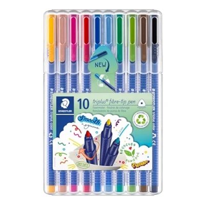 Abbildung von STAEDTLER Filzstifte triplus color, dreikant, stabile, eindrucksichere Spitze, Linienbreite ca. 1 mm, kindgerecht, Set mit 10 brillanten Farben in der stabilen, aufstellbaren Box, 323 SB10