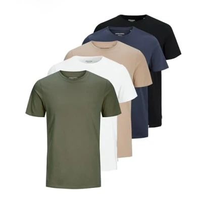 Abbildung von JACK &amp; JONES Herren JJEORGANIC Basic Tee SS O Neck 5PK T Shirt, Kurzarm, White+Black+Navy Blazer+Dusty Olive+Crockery, S