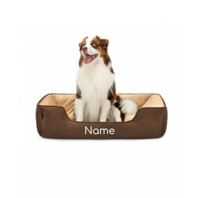 Abbildung von lionto Hundebett 2 in 1 mit komfortablem Einstieg, kuscheliges Heimtierbett zum Wenden für Hunde und Katzen, 110x80 cm, Hundekissen pflegeleichter Wildlederoptik, braun/beige (Namensaufdruck)