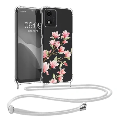 Abbildung von kwmobile Necklace Case kompatibel mit Motorola Moto E13 Hülle Silikon Cover Handykette Rosa Weiß Transparent Magnolien