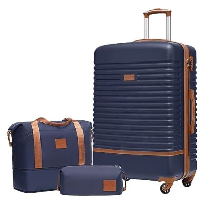 Abbildung von COOLIFE Koffer Trolley Reisekoffer von ABS Hartschalen 4 Rollen TSA Schloss Der Enthält 1 Reisetasche und Kulturbeutel (Blau/Braun, Großer Set 3tlg)