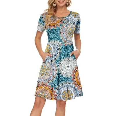 Abbildung von AUSELILY Sommerkleid Drucken Sie Grün L Damen Casual Plissee Loose Swing Freizeitkleid mit Taschen Knielang