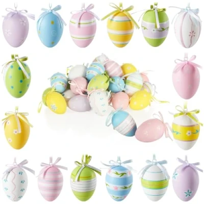 Abbildung von com four® 36x Deko Aufhänger Ostern Ostereier aus Kunststoff zum Aufhängen Bunte für den Osterstrauß (36 Stück 6 Farben Mix 3)