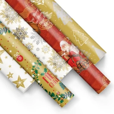 Abbildung von PAW Geschenkpapier 200x70cm 5 Rollen Mix aus Motiven Elegante Papierrolle für Weihnachten, Wintergeschenke, Geschenke, Geburtstage Goldene Weihnachtsmann