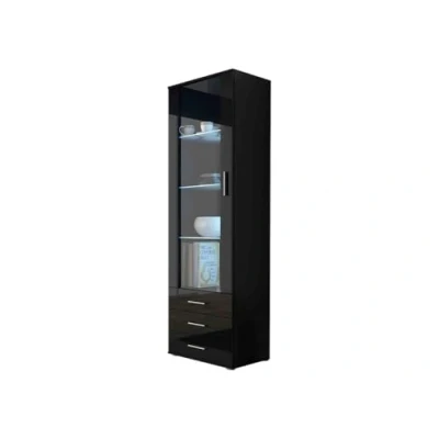 Abbildung von Mirjan24 Vitrine Standvitrine Soho S1, Glasvitrine, Vitrinenschrank, Hochschrank, Stauraumvitrine, Wohnzimmer Highboard Schrank (Schwarz/Schwarz Hochglanz, mit weißer LED Beleuchtung)