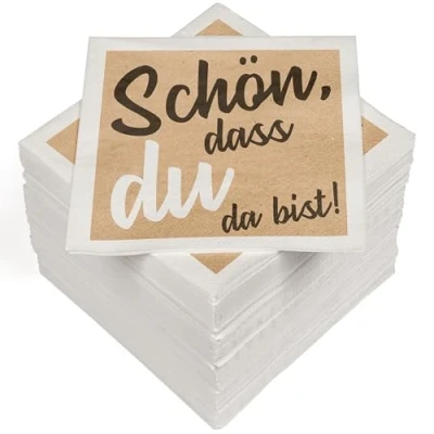 Abbildung von HEKU 100 Servietten, 3 lagig, 33x33cm I Saugstark und praktisch verpackt Ideal für Hochzeiten, Jubiläen besondere Anlässe, Schön, dass du da bist nature
