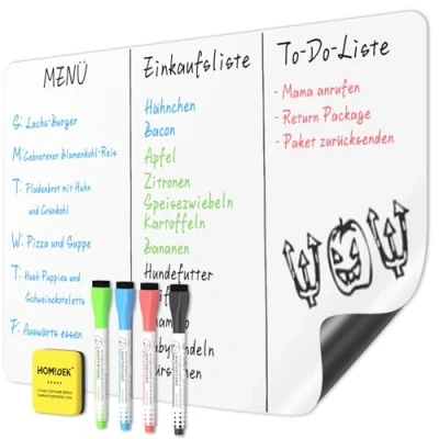 Abbildung von HOMiDEK Magnetisches Whiteboard Kühlschrank Magnettafel: White Board Für Menü Wochenplaner, Einkaufsliste, to do liste Memotafel Büro Schule Zuhause mit 3 Markers und Radierer, 38x58.5cm