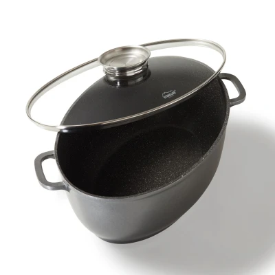 Abbildung von STONELINE Bräter, Aluminiumguss (Set, 2 tlg., 1x Aluguss Aroma Glasdeckel), mit echten Steinpartikeln, induktionsgeeignet, Designed in Germany