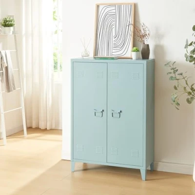 Abbildung von [en.casa] Metallschrank Oripää Wohnzimmerschrank 110 x 75 33 cm Aktenschrank Werkstattschrank mit 2 Türen und höhenverstellbaren Ablagen Graublau