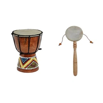 Abbildung von 20cm Kinder Djembe Trommel Bongo Drum Deko Bunt Bemalt + Handtrommel Rassel R6