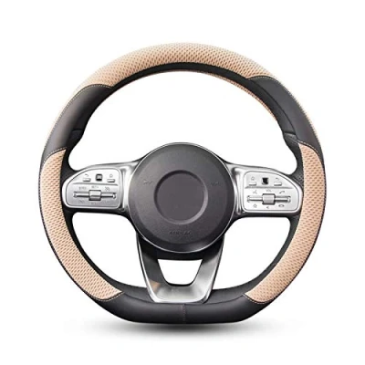 Abbildung von Ergocar D Form Auto Lenkradbezug Rutschfester Sport Lenkradschutz Mikrofaser Leder mit Atmungsaktives Polyester für Lenkrad Durchmesser 38cm (15 &quot;) (Beige)