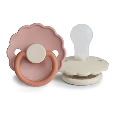 Abbildung von FRIGG Daisy Silikon Schnuller 2 Packung Symmetrischer Sauger in Kirschform BPA frei Hergestellt Dänemark (Biscuit/Cream, Größe 1 (0 6 Monate))