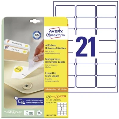 Abbildung von AVERY Zweckform L6023REV 25 Universal Etiketten (525 plus 105 Klebeetiketten extra, 63,5x38,1mm auf A4, wieder rückstandsfrei ablösbar/abziehbar, bedruckbar, selbstklebende Aufkleber) 30 Blatt, weiß