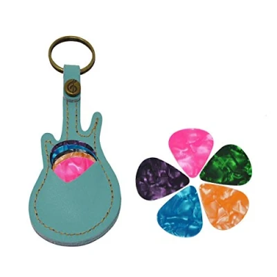 Abbildung von Leder Gitarrenplektren Etui, Gitarrenplektrenhalter mit Schlüsselanhänger, Tasche für Gitarrenplektren, 5 Plektren, Geschenk (Hellblau)