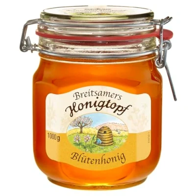 Abbildung von Breitsamer Honig Honigtopf Blüte 1.000g flüssig Aromatisch blumiger Blütenhonig im traditionellen Bügelglas von bewährter Imkerqualität (1 x 1kg)