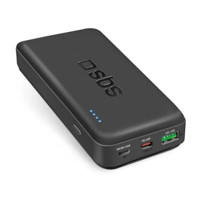Abbildung von SBS Kompakte Powerbank, 20.000 mAh, tragbares Ladegerät Power Delivery 45 W, mit 2 USB A und C Anschlüssen, lädt Ihr Smartphone bis zu 8 Mal, Kabel im Lieferumfang enthalten, kann