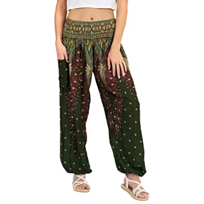 Abbildung von Lofbaz Damen Haremshose Yogahose Pumphose Hippie Hose Boho Kleidung Festival Outfit Sommerhose Leicht Sommer Hosen Peacock 1 Grün M