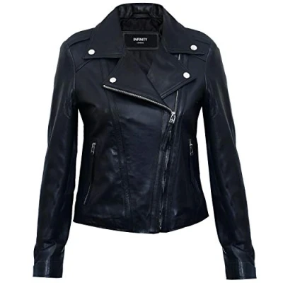 Abbildung von Infinity Leather Damen Schwarz Echtes Leder Ausgestattet Motorradfahrer Reißverschluss Mode Jacke 4XL
