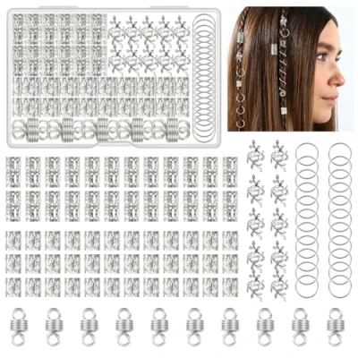 Abbildung von Kieswan 100 Stück Dreadlocks Schmuck Wikinger Haarschmuck Silber, Metall Haarringe für Zöpfe, Verstellbar Cuffs Haarperlen Haarspiralen Braids Zubehör Dekoration