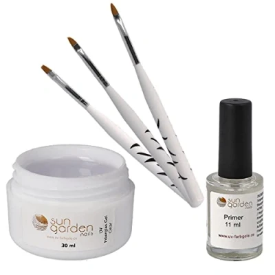 Abbildung von Sun Garden Nails UV Fiberglas Gel Klar 30ml + Primer Pinselset