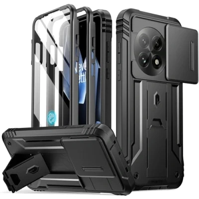 Abbildung von POETIC Revolution Hülle für OnePlus 13 5G, [Schiebe Kamera Abdeckung], integrierter Displayschutz [funktioniert mit Fingerabdruck ID], [2 Frontrahmen] Stoßfeste Ganzkörperhülle Ständer, Schwarz