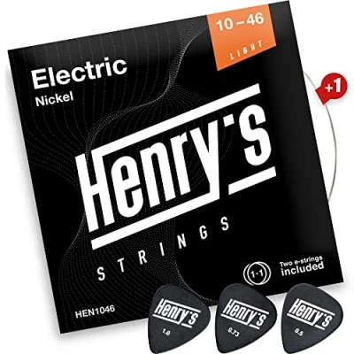 Abbildung von HENRYS® Gitarrensaiten E Gitarre 10 46 Saiten für Light Extra E1 Saite &amp; 3 Plektren Gratis Gitarren Mit Vernickelter Außenseite Edelstahlkern Electric Guitar Strings
