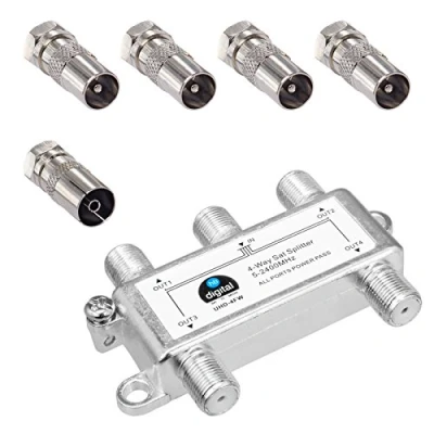 Abbildung von HB digital SAT BK UKW Verteiler 4 Fach Splitter (4 Wege) 5 2400 MHz * &amp; analog tauglich voll geschirmt DVB S S2 FM Kabelfernsehen C inkl. Kabel IEC Adapter