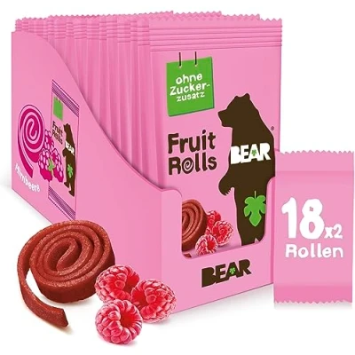 Abbildung von BEAR Fruchtrollen Himbeere 100% Natürliche Inhaltsstoffe Ohne Zusatz von Zucker Gesunder Snack für Kinder &amp; Erwachsene 18 Beutel x 20g 360g
