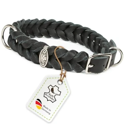 Abbildung von CopcoPet Fettleder Hundehalsband geflochten mit Dornschließe verchromt Handarbeit aus Deutschland Lederhalsband Schwarz 20 mm Breite 40 44 cm Halsumfang