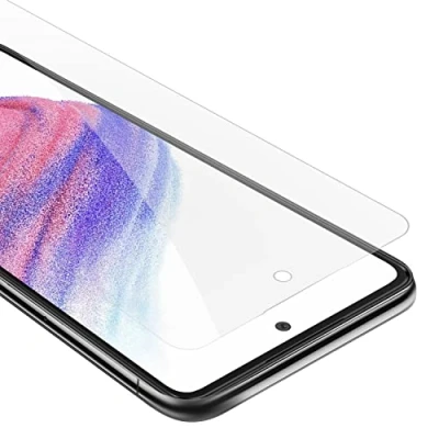 Abbildung von Cadorabo Panzerfolie kompatibel mit Samsung A53 Schutzfolie in KRISTALL KLAR Gehärtetes (Tempered) Display Schutzglas 9H Härte 3D Touch Kompatibilität