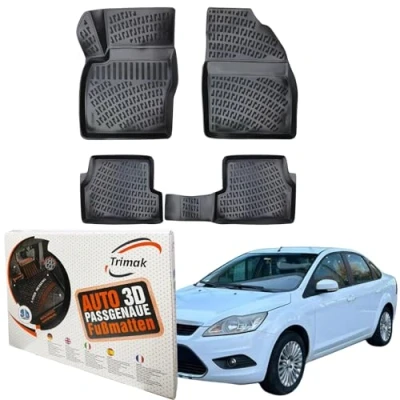 Abbildung von Trimak Passgenau 3D Fussmatten kompatibel mit Ford Focus &#039;04 2.Gen 2004 2010 Auto Zubehör 1. und 2. Reihe Gummimatten Autos TPE Allwetter Geruchlos rutschfest Vorne Hinten Schwartz
