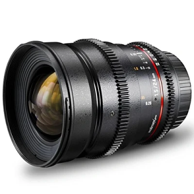 Abbildung von Walimex Pro 24 mm 1:1,5 VDSLR Foto und Videoobjektiv (inkl. Filtergewinde 77mm, Gegenlichtblende, Zahnkranz, stufenlose Blende Fokus) für Sony A Objektivbajonett schwarz