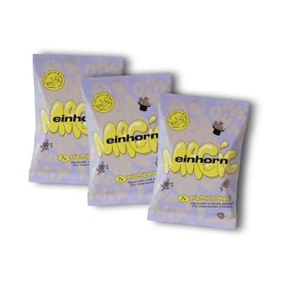 Abbildung von einhorn ultra dünne Kondome I 21er Monatsration Magic 21 Stück Standardgröße 53 mm vegane, hormonfreie Verhütung natürlicher Gleitfilm nachhaltig und sicher