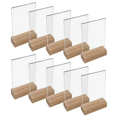 Abbildung von HMF 46940 Acryl Tischaufsteller mit Holzfuß 10 Stück DIN A6 Hochformat Glasklar