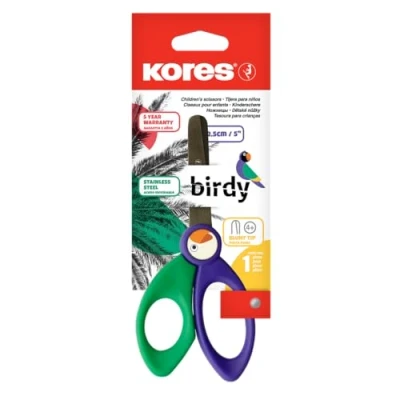Abbildung von KORES Kinderbastelschere Birdy in lustigem farbenfrohem Design, ab 4 Jahren, für Rechts und Linkshänder mit abgerundeter Kinge