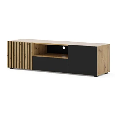 Abbildung von BIM Furniture TV Stand Lowboard AURIS 150 cm Lamellenfronten MDF Kommode Sideboard Tisch Schrank Artisan Eiche schwarz matt