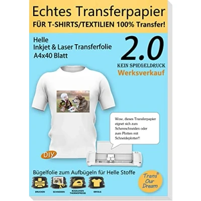 Abbildung von TransOurDream 40XA4+4 A3 Silikonpapier,ECHTE Inkjet/Laser Transferfolie Transferpapier,Textilienfolie für Tintenstrahldrucker,Laserdrucker,Bedruckbare Bügelfolie helle T Shirts,transfer paper