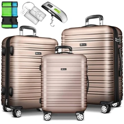 Abbildung von tillvex Kofferset Reisekoffer Set 3 teilig mit Gepäckwaage, Koffergurte, (und Kofferanhänger Hartschale 4 Rollen, Trolley Gepäck Koffer TSA Schloss Rollkoffer), Hartschalenkofferset