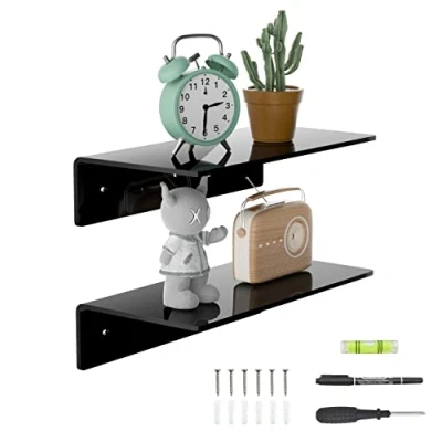 Abbildung von Sezanrpt 30cm kleine Schwarze Wandregale 2er Set, Acryl schwimmendes Regal für Wand, Wand montiertes Display Schlafzimmer, Wohnzimmer, Funko Pop Regale, Smart Lautsprecher