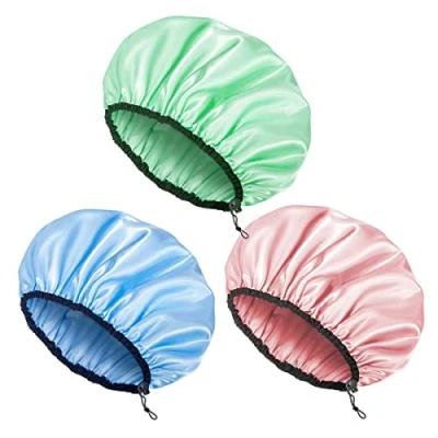 Abbildung von Auban Duschhaube für Damen, wiederverwendbare Duschhaube, wasserdichtes Satin Außenmaterial, EVA Futter, verstellbar und extra groß, Haarkappe alle Haarlängen, 3 Farben