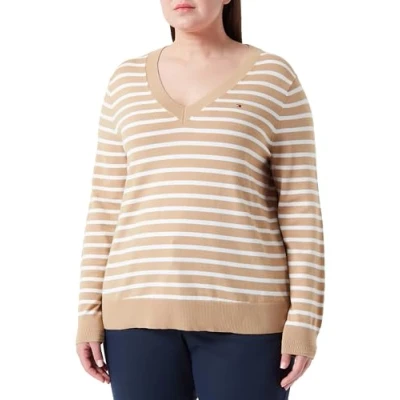 Abbildung von Tommy Hilfiger Damen Pullover V Ausschnitt, Mehrfarbig (Classic Khaki/ Ecru Stp), 54