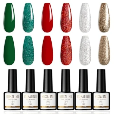 Abbildung von ROSALIND UV Nagellack 6 Farben Shellac Rot Grün Silber Gold Glitzer Gel Weihnachten Nail Polish Soak Off UV/LED Lacke für Nägel Art DIY,8ml