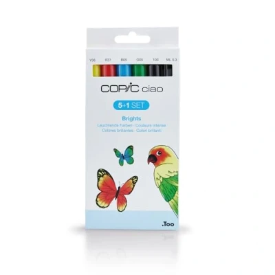 Abbildung von COPIC Ciao Marker 5+1 Set &quot;Leuchtende Farben&quot;, 5 Allround Layoutmarker, mit einer mittelbreiten und Brush Spitze, inkl. 1 Multiliner 0,3 mm