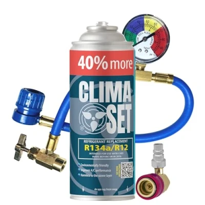 Abbildung von ClimaSet R134a kältemittel Ersatzgas Kühlmittel Klima Auto Gasflasche 1x235 g Klimaanlage Nachfüllset Wohnmobil schlauch Manometer ECO