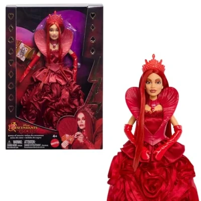 Abbildung von Mattel Disney Descendants 4: The Rise of Red“ Herzkönigin Modepuppe mit vom Film inspirierter königlicher Robe und Accessoires, einschließlich Puppenständer, HWV09